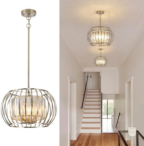 SGLfarmty Modern Crystal Chandeliers for Dining Room, 4-Light Nickel Pendant Light Fixtures, Adju...