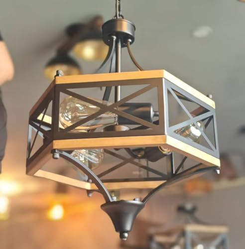SGLfarmty 14.96 Inch Farmhouse Chandelier, 3-Light Black Antique Cage Pendant Light Fixture for D...