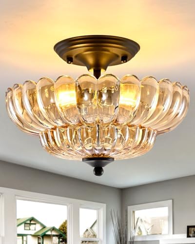 Rjieoc Black Semi Flush Mount Ceiling Light with Amber Glass Shades, 3-Light Modern Farmhouse Cha...