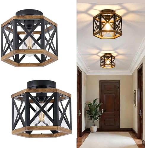 SGLfarmty 2-Pack Rustic Farmhouse Semi Flush Mount Ceiling Lights, 9.45 Inch Black Metal Wood Cag...