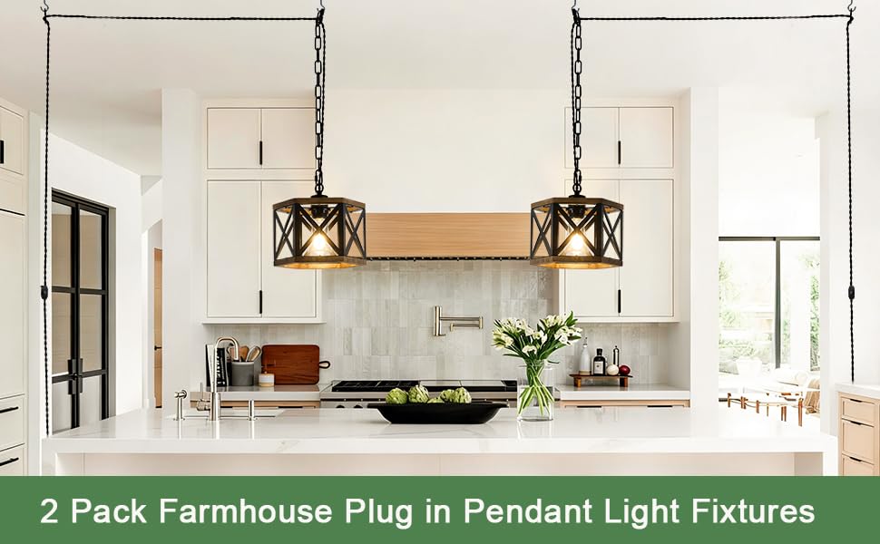 2 Pack Rustic Farmhouse Plug in Pendant Light Fixture