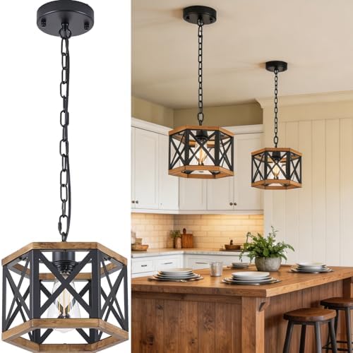SGLfarmty 2 Pack Rustic Farmhouse Pendant Light Kitchen Island, 9.45'' Wood &amp; Metal Lantern Cage ...