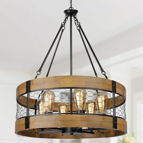 Sigaitwei Rustic Farmhouse Wood Chandelier Hanging Light Fixture, 6-Light Large Round Chandelier ...