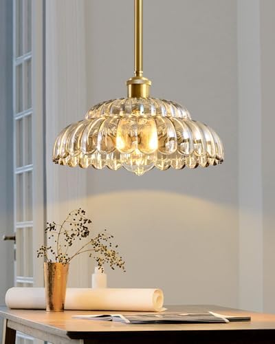 Rjieoc Elegant Amber Glass Pendant Lamp with Gold Base, Modern Chic Lighting Fixture for Living R...