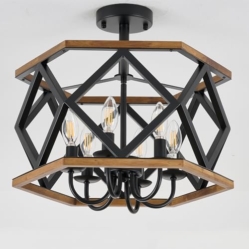 SGLfarmty 6-Light Rustic Farmhouse Semi Flush Mount Ceiling Light Fixture, 17.72 Inch Matte Black...