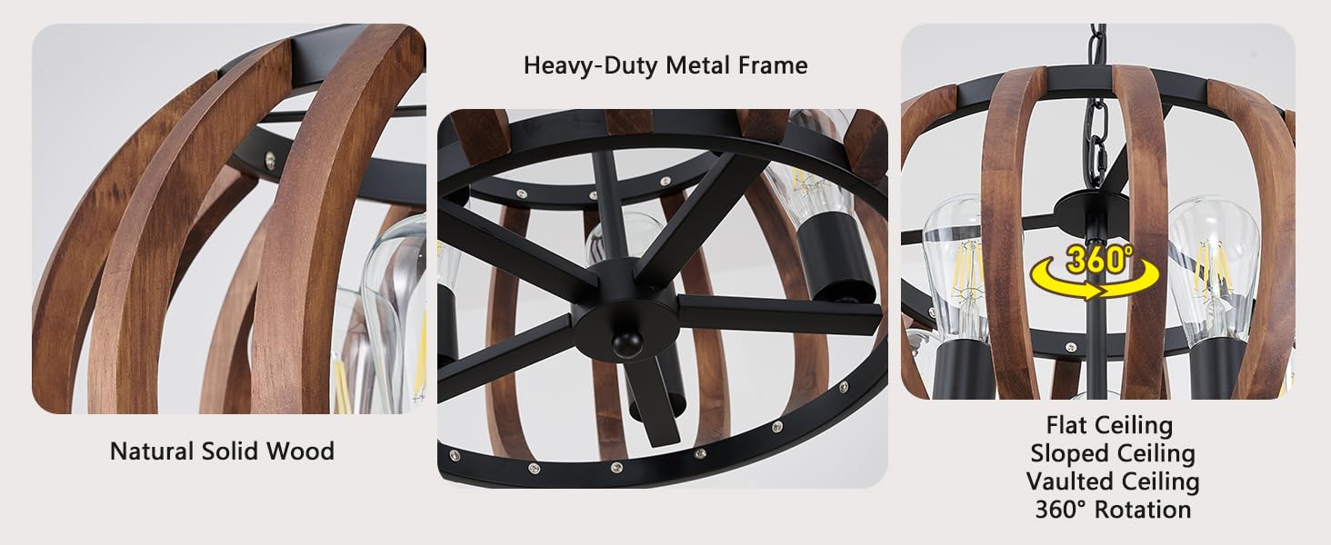 Natural Solid Wood Heavy-Duty Metal Frame Chandelier Dining Room Light Fixture