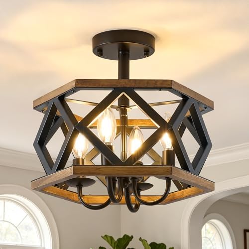 SGLfarmty Farmhouse Semi Flush Mount Ceiling Light, 4-Light 13.8 Inch Rustic Industrial Black Met...