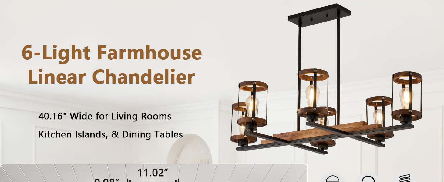 6-Light Rustic Dining Room Light Fixture Fit All Ceilings Adjustable Height UL Listed
