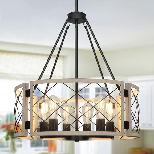 Sigaitwei 21.7'' Farmhouse Drum Chandelier,6-Light Adjustable Dining Room Light Fixture Kitchen I...