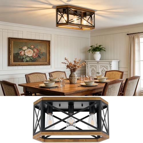 SGLfarmty 3-Light Cage Flush Mount Ceiling Light, 19.69'' Rustic Farmhouse Black Metal Wood Recta...