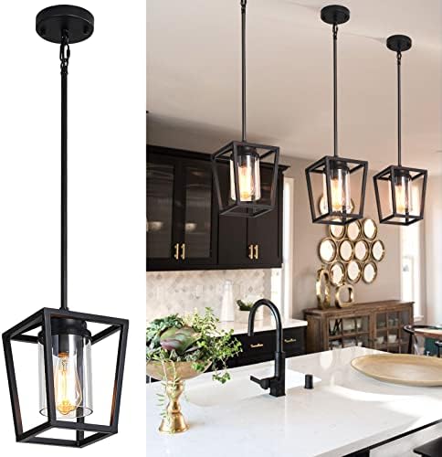 SGLfarmty Black Pendant Lights Kitchen Island, 1-Light Modern Farmhouse Cage Metal Adjustable Lan...