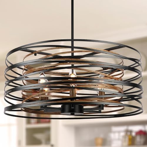 Sigaitwei 6-Light Dining Room Chandeliers Farmhouse，23.6" Large Black Farmhouse Chandelier，Wood G...