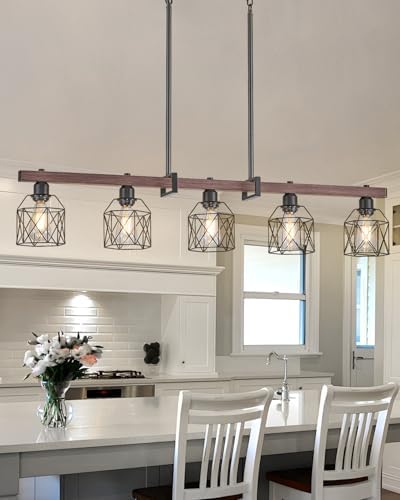 5-Light Industrial Kitchen Island Lighting with Wood Grain Bar and Black Metal Cage, Farmhouse Ru...