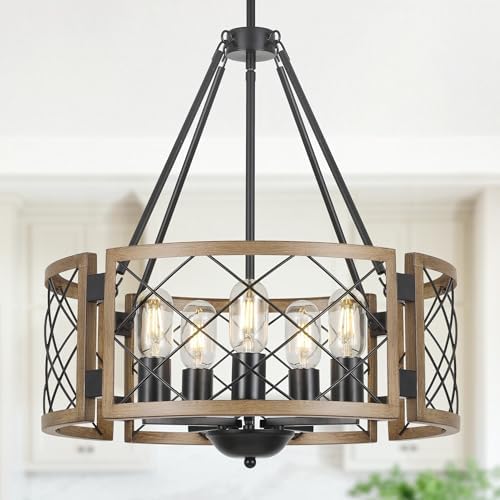Sigaitwei 5-Light Farmhouse Chandelier Brown Rustic Chandelier for Dining Room Wood Texture Adjus...