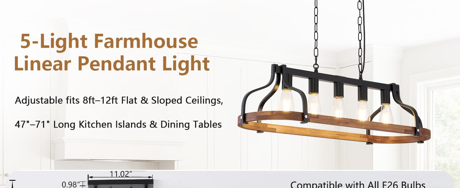 5-Light Rustic Dining Room Light Fixture Fit All Ceilings Adjustable Height UL Listed 120V 5*E26