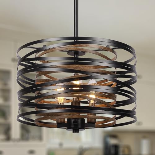 Sigaitwei 3-Light Dining Room Chandelier，12.6" Rustic Black Drum Chandelier，Wood Grain and Vintag...