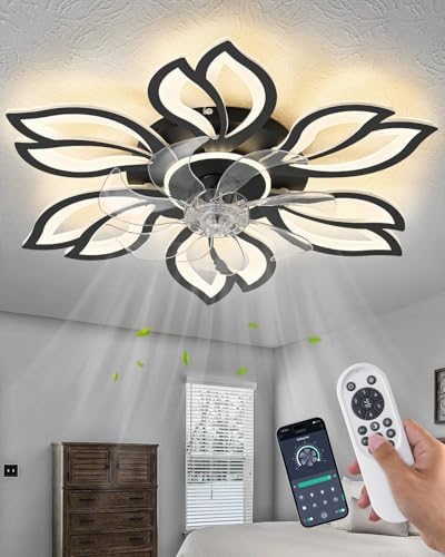 Rjieoc Modern Flower Petal Ceiling Fan with Light, Low Profile Flush Mount LED Fandelier with 3-C...