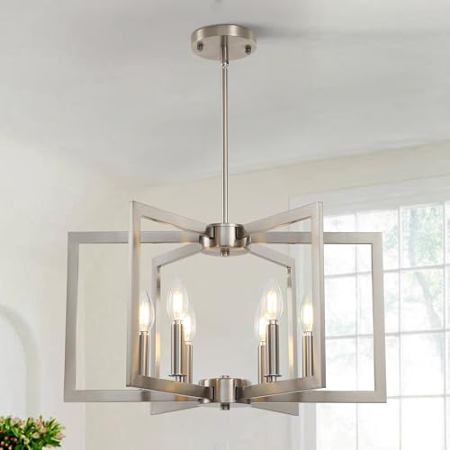 Sigaitwei 6-Light Modern Metal Geometric Chandelier，Kitchen Island Brushed Nickel Lighting Fixtur...
