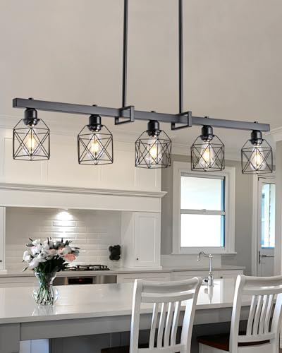 Rjieoc 5-Light Farmhouse Kitchen Island Lighting Black Hardware and Black Metal cage Frame Design...