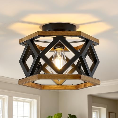 SGLfarmty Rustic Ceiling Light Fixture, 11.02" Semi Flush Mount Light Fixtures with Farmhouse Woo...