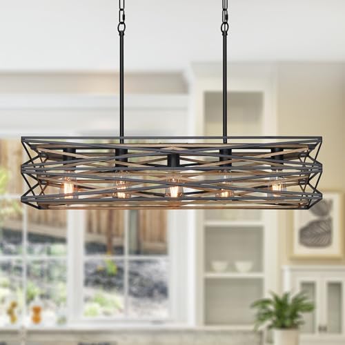 Sigaitwei 33.5''Farmhouse Dining Room Light Fixture,5-Light Kitchen Island Lighting,Industrial Ch...