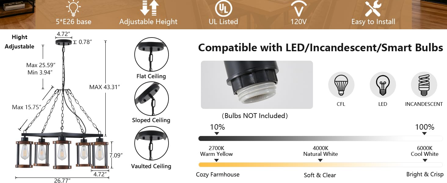 26.77inch mini chandelier Hight Adjustable Compatible with LED/Incandescent/Smart Bulbs