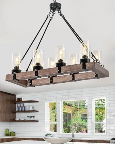 Rjieoc 8-Light Wooden Island Pendant with Clear Glass Shades Rustic Linear Pendant Light Ideal fo...