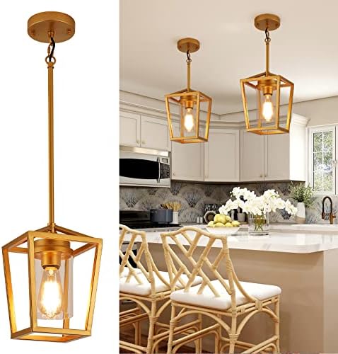 SGLfarmty Single Brass Pendant Light, 7 Inch Adjustable Lantern Hanging Lighting with Clear Glass...