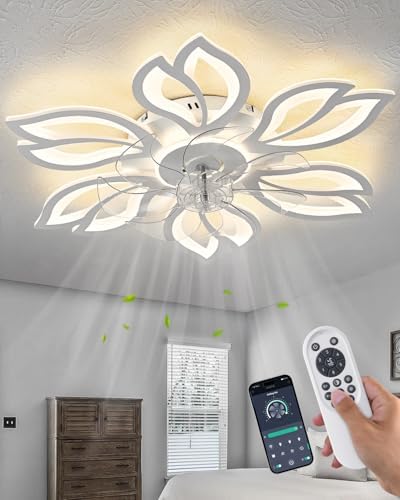 Rjieoc Modern Flower Petal Ceiling Fan with Light, Low Profile Flush Mount LED Fandelier with 3-C...