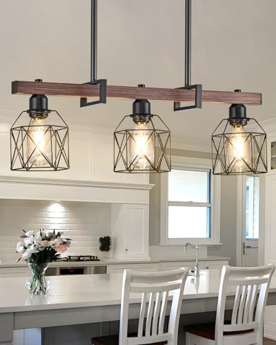 Industrial Pendant Light Fixture, 3-Light Kitchen Island Lighting with Wood Grain Bar and Black M...