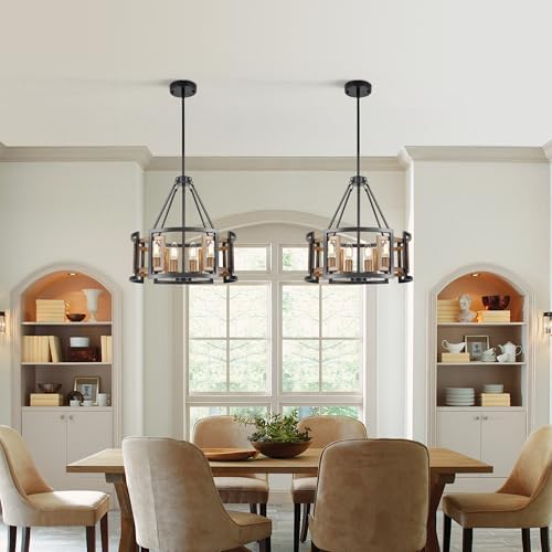 4-Light Drum Chandelier for Dining Room,15.7" Rustic Farmhouse Dining Room Light Fixture,Wood Grain and Vintage Black Metal Chandeliers for Kitchen Entryway Living Room - Image 3