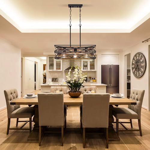 Farmhouse Dining Room Light Fixture,3-Light Drum Chandelier and 3-Light Rectangular Chandelier Kitchen Island Lighting,Industrial Chandelier for Dining Room,Linear Chandelier with Retro Wood Texture - Image 7