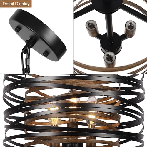 Sigaitwei 3-Light Dining Room Chandelier,12.6" Rustic Black Drum Chandeliers,Wood Grain and Vintage Light Fixture for Kitchen Entryway Living Room - Image 7