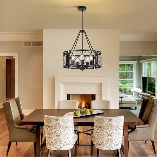 Sigaitwei 5-Light Farmhouse Chandelier Rustic Black Chandelier for Dining Room,Adjustable Pendant Light,Drum Chandelier for Kitchen Island Entryway Bedroom Hallway,18.9'',E26. - Image 3