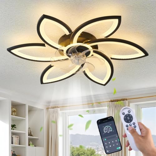 Modern 30" Ceiling Fan with Light, Low Profile Flush Mount Fandelier, Dimmable LED Ceiling Fan with Remote, 6-Speed Quiet Motor, Flower Design for Bedroom Living Room Kitchen (Black) - Image 2