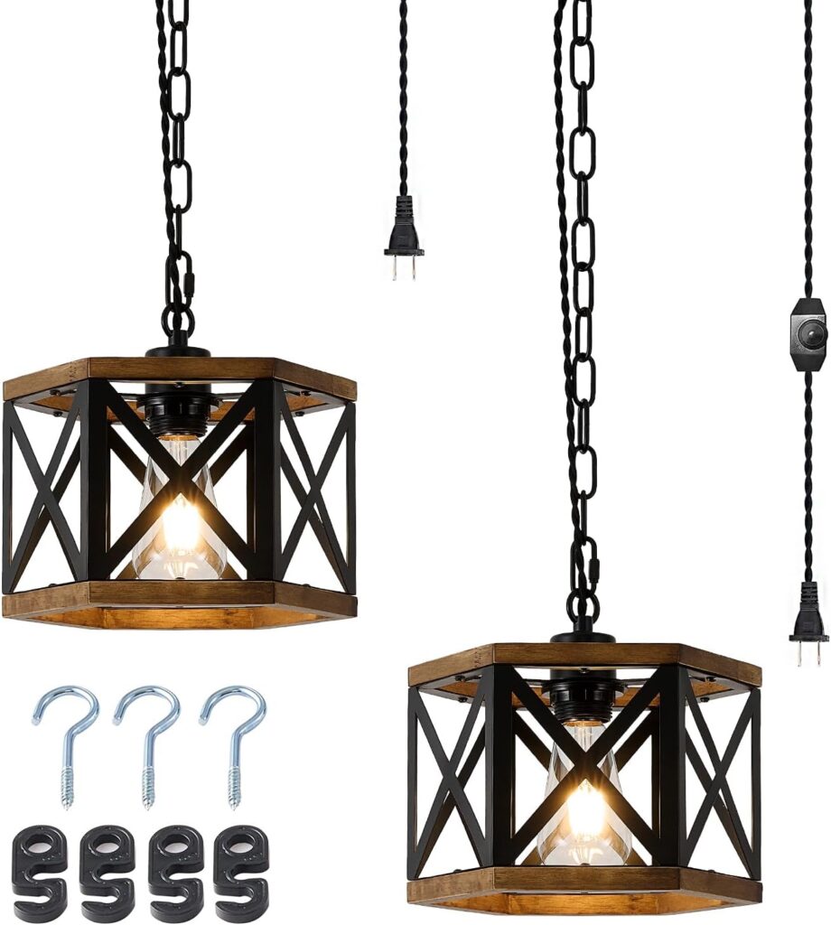 2 Pack Farmhouse Plug‑in Hanging Lights, 9.45 Inch Pendant Lamp for Bedroom