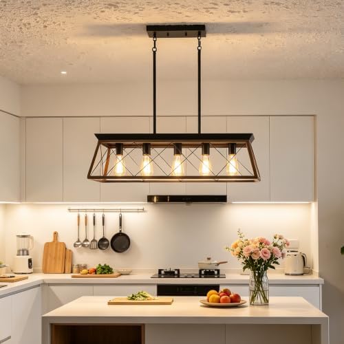 5-Light Farmhouse Dining Chandelier, White Brushed Black & Wood Grain Finish, Height Adjustable, Island Light Fixture for Dining Table, Kitchen and Entryway - Image 6