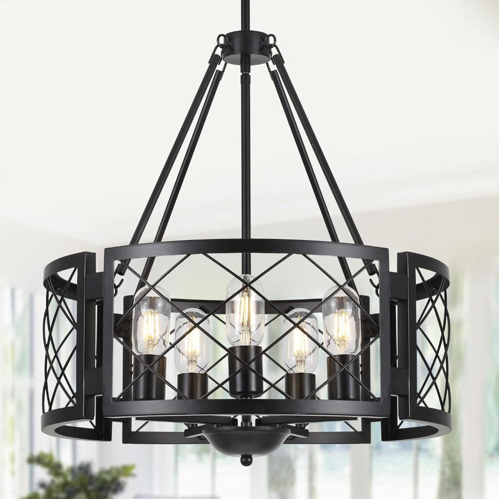 Sigaitwei 5-Light Farmhouse Chandelier Rustic Black Chandelier for Dining Room,Adjustable Pendant Light,Drum Chandelier for Kitchen Island Entryway Bedroom Hallway,18.9'',E26.