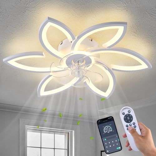 Modern 30" Ceiling Fan with Light, Low Profile Flush Mount Fandelier, Dimmable LED Ceiling Fan with Remote, 6-Speed Quiet Motor, Flower Design for Bedroom Living Room Kitchen (White) - Image 2