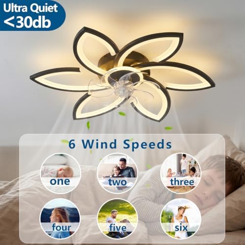 Modern 30" Ceiling Fan with Light, Low Profile Flush Mount Fandelier, Dimmable LED Ceiling Fan with Remote, 6-Speed Quiet Motor, Flower Design for Bedroom Living Room Kitchen (Black) - Image 7