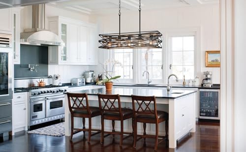 5-Light Linear Chandelier and 3-Light Drum Chandelier,Kitchen Island Lighting,Industrial Chandelier for Dining Room with Retro Wood Texture Interior - Image 6