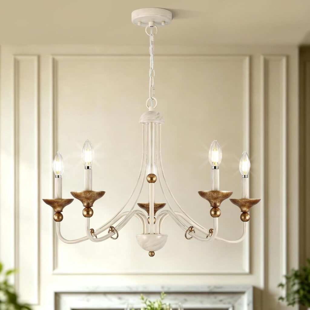 Sigaitwei 5‑Light French Country Candle Chandelier, Distressed Off‑White with Antique‑Gold Accents, Pendant Hanging Light Fixture for Dining Room, Foyer, Bedroom, E12 Base