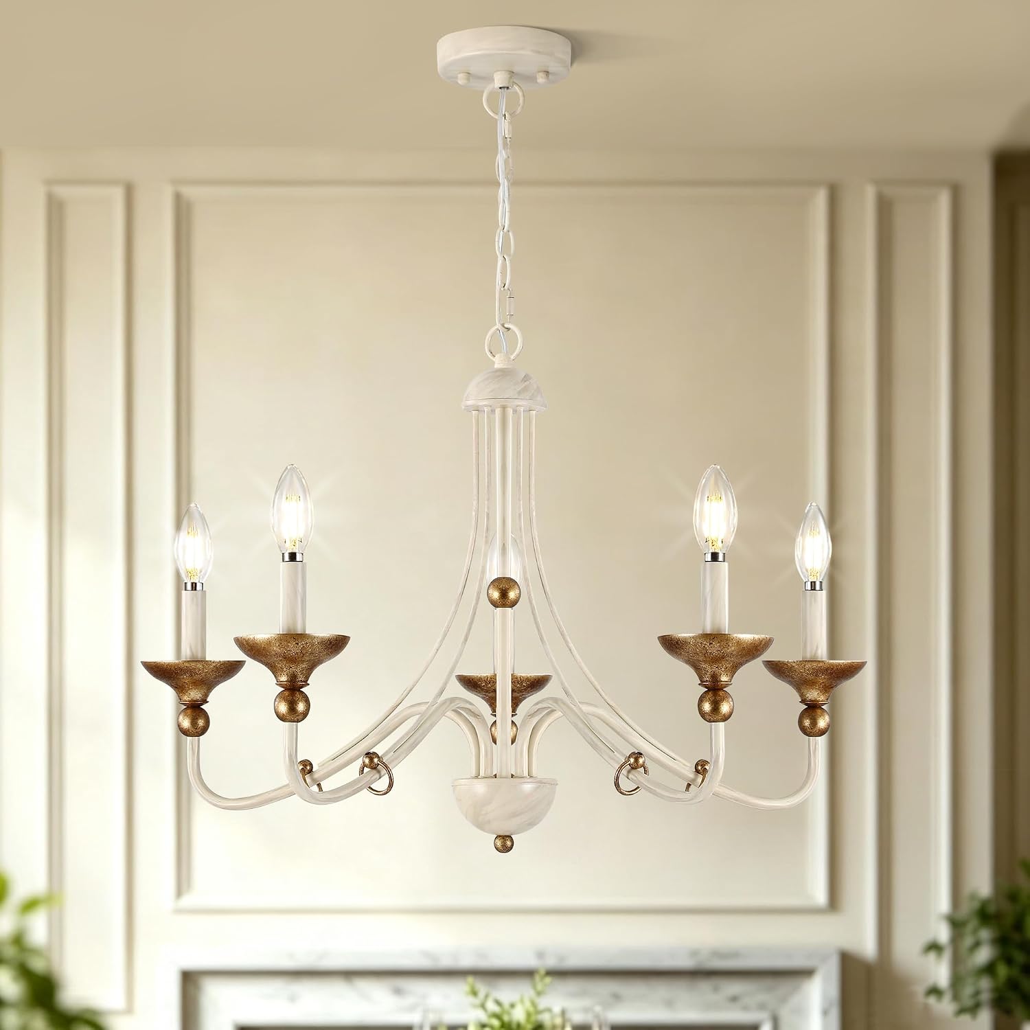 Sigaitwei 5‑Light French Country Candle Chandelier, Distressed Off‑White with Antique‑Gold Accents, Pendant Hanging Light Fixture for Dining Room, Foyer, Bedroom, E12 Base