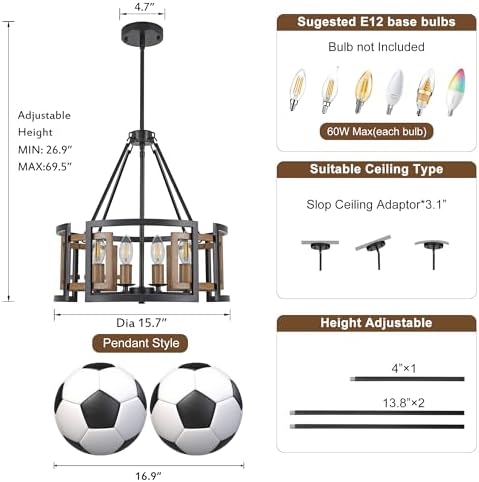 4-Light Drum Chandelier for Dining Room,15.7" Rustic Farmhouse Dining Room Light Fixture,Wood Grain and Vintage Black Metal Chandeliers for Kitchen Entryway Living Room - Image 7