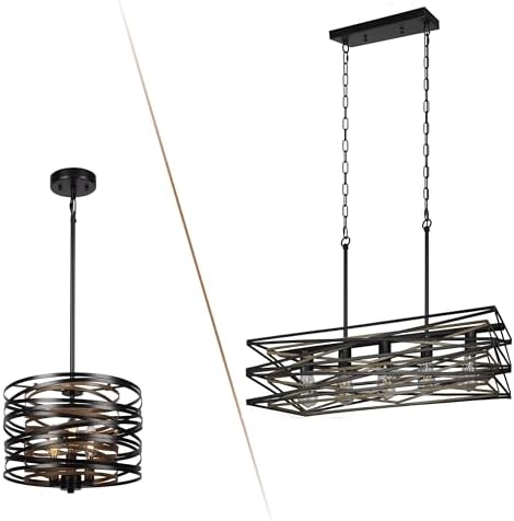 5-Light Linear Chandelier and 3-Light Drum Chandelier,Kitchen Island Lighting,Industrial Chandelier for Dining Room with Retro Wood Texture Interior - Image 2