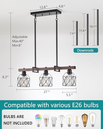 Industrial Pendant Light Fixture, 3-Light Kitchen Island Lighting with Wood Grain Bar and Black Metal Cage, Farmhouse Rustic Hanging Ceiling Lamp for Dining Room, Living Room - Image 5
