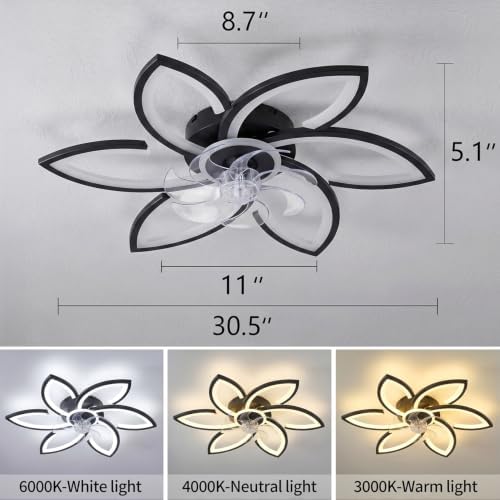 Modern 30" Ceiling Fan with Light, Low Profile Flush Mount Fandelier, Dimmable LED Ceiling Fan with Remote, 6-Speed Quiet Motor, Flower Design for Bedroom Living Room Kitchen (Black) - Image 5