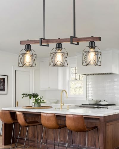 Industrial Pendant Light Fixture, 3-Light Kitchen Island Lighting with Wood Grain Bar and Black Metal Cage, Farmhouse Rustic Hanging Ceiling Lamp for Dining Room, Living Room - Image 6