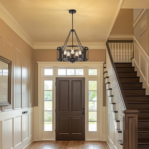 Sigaitwei 5-Light Farmhouse Chandelier Rustic Black Chandelier for Dining Room,Adjustable Pendant Light,Drum Chandelier for Kitchen Island Entryway Bedroom Hallway,18.9'',E26. - Image 7