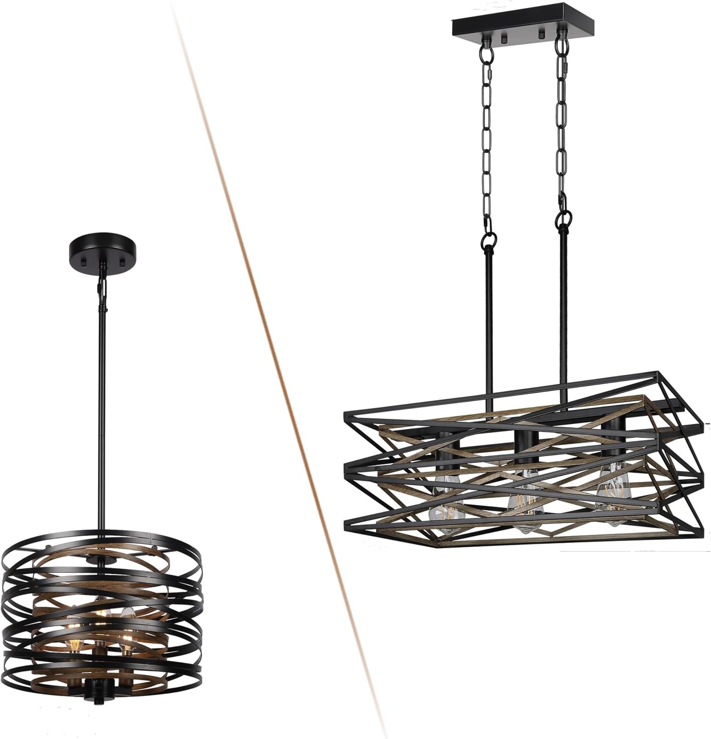 Farmhouse Dining Room Light Fixture,3-Light Drum Chandelier and 3-Light Rectangular Chandelier Kitchen Island Lighting,Industrial Chandelier for Dining Room,Linear Chandelier with Retro Wood Texture